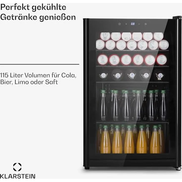 Klarstein Mini Kühlschrank mit Glastür, 115L Getränkekühlschrank mit 4 herausnehmbaren Ablagen, leise, 0-10°C, Edelstahl – Bild 2