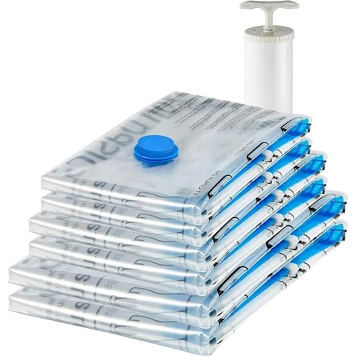 Amazon Basics Vakuumkompressions-Aufbewahrungsbeutel, 6er-Pack mit Handpumpe, 2 x Jumbogröße, 2 x Größe L, 2 x Größe M, transparent, platzsparend und wiederverwendbar – Bild 1