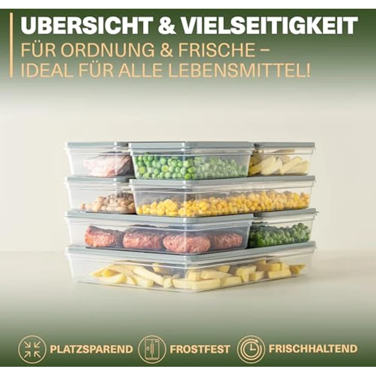 VIWARES Stapelbare Gefrierdosen 9er Set, Lebensmittellagerung für Kühlschrank und Gefrierfach, Frostfest bis -25°C, wiederverwendbar, Grau – Bild 4