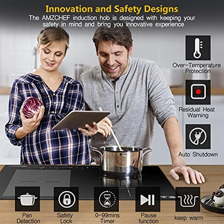 AMZCHEF Induktionskochfeld 60cm mit Flexzonen für BBQ, 4 Boost-Zonen, 9 Stufen, 7400W, Touchscreen - Schwarz – Bild 4