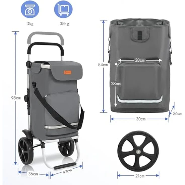 Sekey XXL Faltbarer Einkaufstrolley, 60 L, klappbarer 3-in-1 Einkaufswagen mit höhenverstellbarem Griff, Aluminium, Kühlfach und Getränkefach, Grau – Bild 3