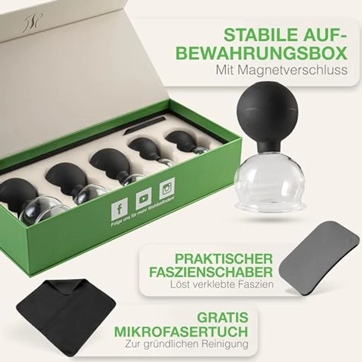 BACKLAxx® Massagegerät Schröpfgläser, 5-teilig 7-tlg., 5x Glocken, 1x Faszienschaber, 1x Mikrofasertuch, medizinisches Glas – Bild 3