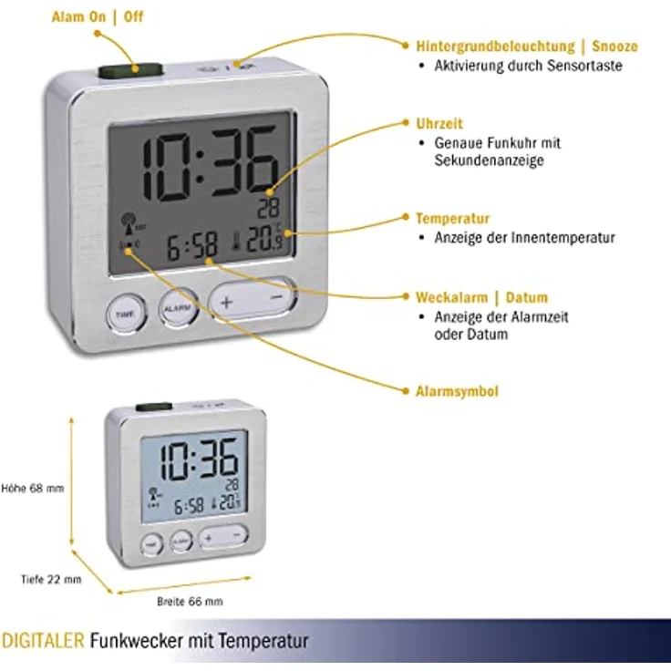 TFA Dostmann 60.2545.54 Digitaler Funk-Wecker, Kunststoff, Weiß/Silber, L 66 x B 22 x H 68 mm – Bild 3