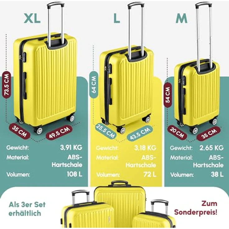 Easy Move ABS Hartschalenkoffer, Mittelgroßer Trolley mit 360° Rädern, integriertes Zahlen-Schloss, Gelb, 65cm – Bild 5