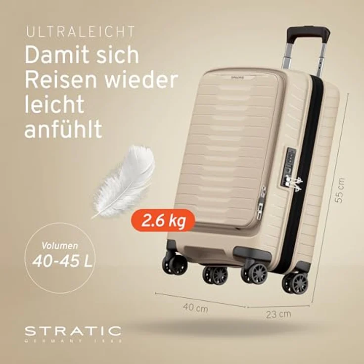 Stratic Novium 4 Rollen Kabinentrolley S 55 cm mit Laptopfach und Dehnfalte, beige – Bild 2