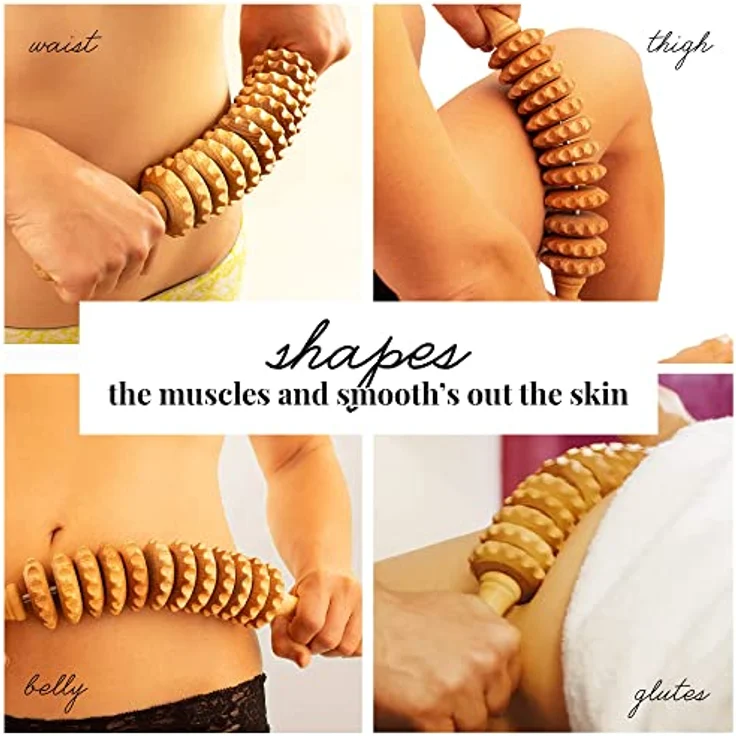 Tuuli Accessories Anti Cellulite Massage Massagegerät Massageroller Roller mit Griff Oberschenkel Maderotherapie aus Holz, Naturbuchenholz, Maderotherapie-Effekt – Bild 5