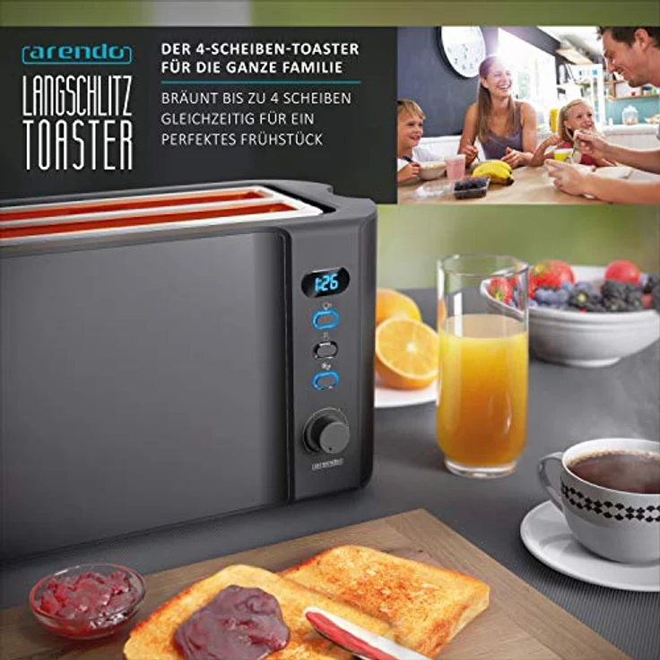 Arendo Edelstahl Toaster Langschlitz 4 Scheiben - Defrost Funktion - wärmeisolierendes Gehäuse - mit integrierten Brötchenaufsatz - 1500W - Krümelschublade - Display mit Restzeitanzeige - Cool Grey – Bild 6