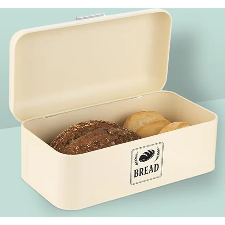 Relaxdays Brotkasten, Brotbox im Retro-Look mit Deckel & Griff, HBT: 15,5x30x18 cm, beige, Metall, platzsparend und pflegeleicht – Bild 3