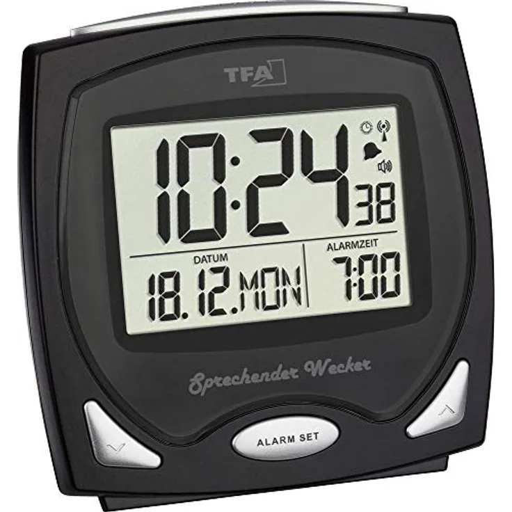 TFA Dostmann Sprechender Funk-Wecker, ideal für Sehbehinderte, 60.2541.01, 12 x 6 x 12 cm, schwarz, Kunstoff