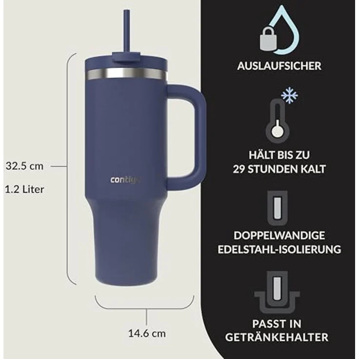 Contigo Streeterville 1200 ml Thermosflasche, isolierte Edelstahl-Trinkflasche mit Henkel und Strohhalm, hält Getränke bis zu 29 Stunden kalt, BPA-frei, spülmaschinenfest – Bild 2