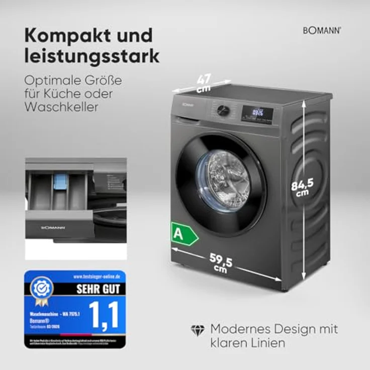 Bomann® WA 7175.1 Waschmaschine 7kg, Inverter-Motor, max. 1400 U/min, LED-Display, 15 Programme, Titan – Bild 6