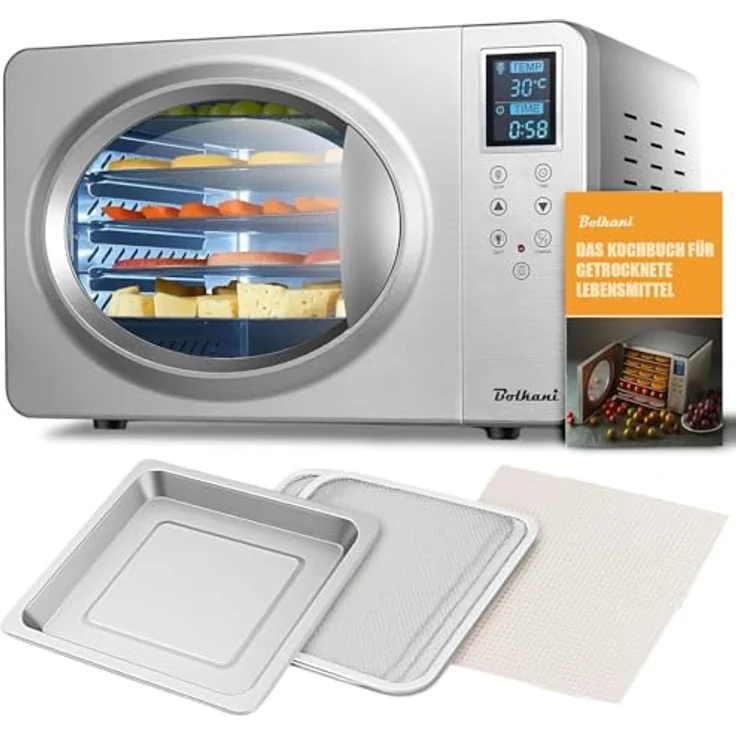 Bolkani Dörrautomat Edelstahl 500 W, Dehydrator mit Timer & Touchdisplay, 20–90 °C, 6 Edelstahlgitter, Tropfschale, leise Umluft, Innenbeleuchtung, BPA-frei – Bild 1