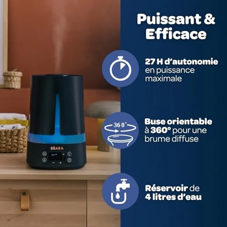 Béaba Zen Air Luftbefeuchter für Baby, Nachtblau, 4 l, 27 Stunden Autonomie, leise, Nachtlicht 7 Farben, 3 Helligkeitsstufen, Düse 360°, 2 Modi, LED-Display, Timer – Bild 3