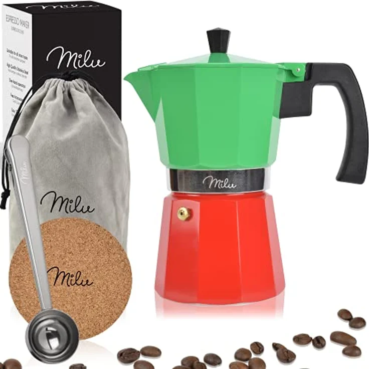 Milu Espressokocher (No Induktion) | 2, 3, 6, 9 Tassen | Aluminium Mokkakanne, Espressokanne, Espresso Maker Set inkl. Untersetzer, Löffel, Bürste (Italia, 6 Tassen (300ml) – Bild 1