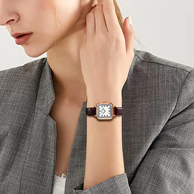 JewelryWe Damen Analog Quarz Armbanduhr, Klassische Quadratische Uhr mit Braunem Lederarmband, Wasserdicht, Slim Design – Bild 2