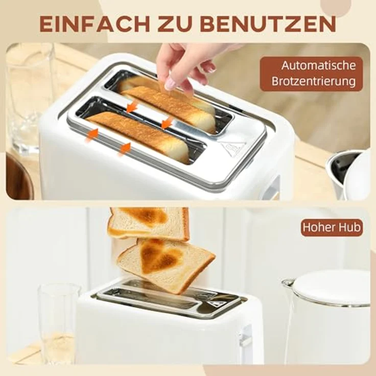 HOMCOM Toaster Wasserkocher Set, 1,5L Wasserkocher mit 2200W und 7 Temperatureinstellungen, Toaster für 2 Scheiben mit 7 Bräunungsstufen, Weiß – Bild 8