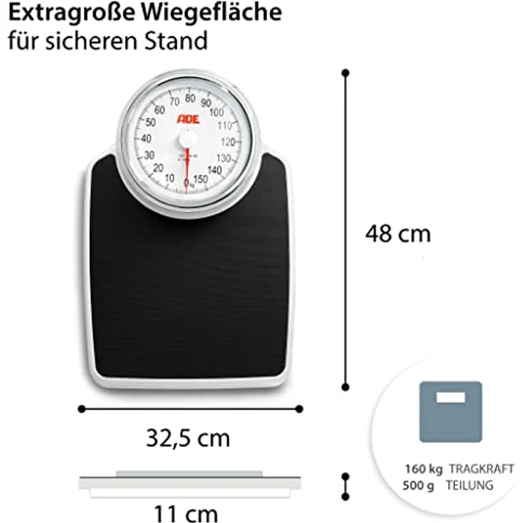 ADE Mechanische Personenwaage M 308800 Clinica, Zuverlässige, analoge XL Badezimmerwaage im klassischen Doktorwaagen, Design, Große, rutschfeste Wiegefläche und robustes Metallgehäuse, Retro, Look, Weiß – Bild 3