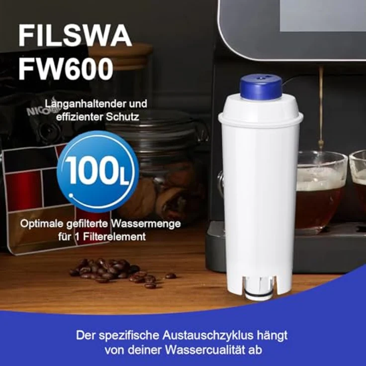 Filswa Wasserfilter DLSC002 für De'Longhi Kaffeemaschinen, 6 Stück Filterkartusche zur Reduzierung von Kalkbildung und Verlängerung der Lebensdauer – Bild 3