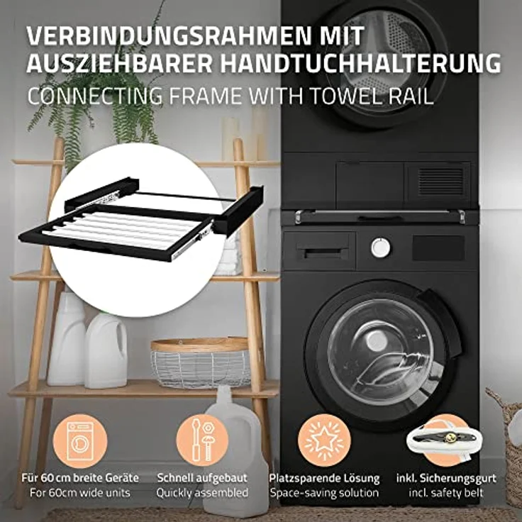 ML DESIGN modern living Zwischenbaurahmen mit Wäscheleine Stahl 60,5x54,5cm Schwarz, Ausziehbarer Handtuchhalter, Universal Einsatzbereit – Bild 2