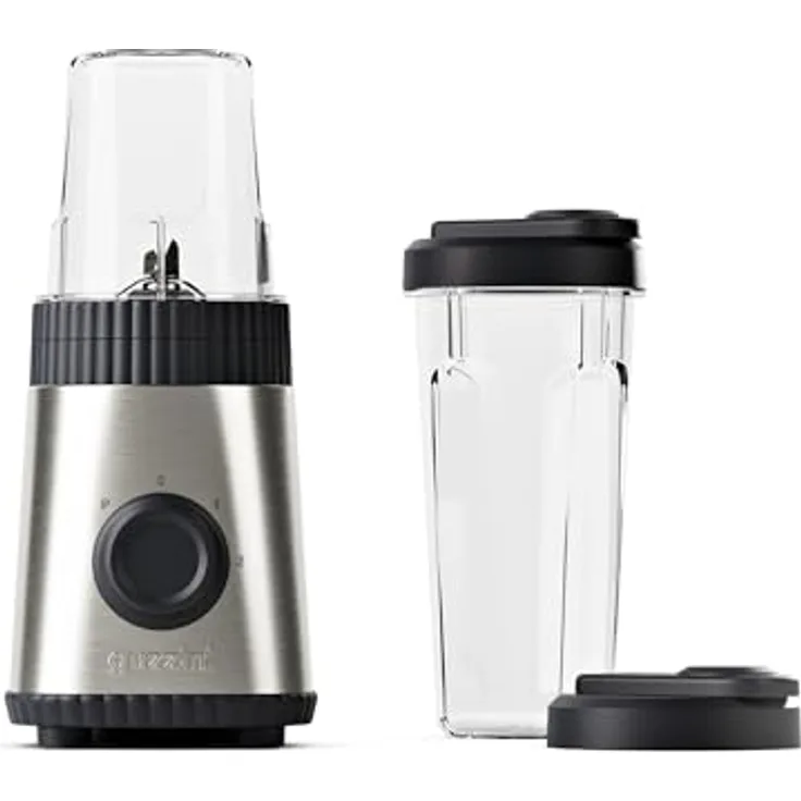 Guzzini Sous Chef, On-The-Go-Standmixer mit Doppelklinge aus Edelstahl, zwei Geschwindigkeiten, Pulse-Funktion, zwei luftdichten Bechern (600 ml und 300 ml), Kompakt, Bio-Basis (Anthrazit)