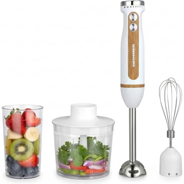 Heinner HB-DC600WH, Stabmixer mit 600 Watt Leistung, Mixerschüssel 1 Liter und Zerkleinerungsschüssel 0,5 Liter, Holzoptik