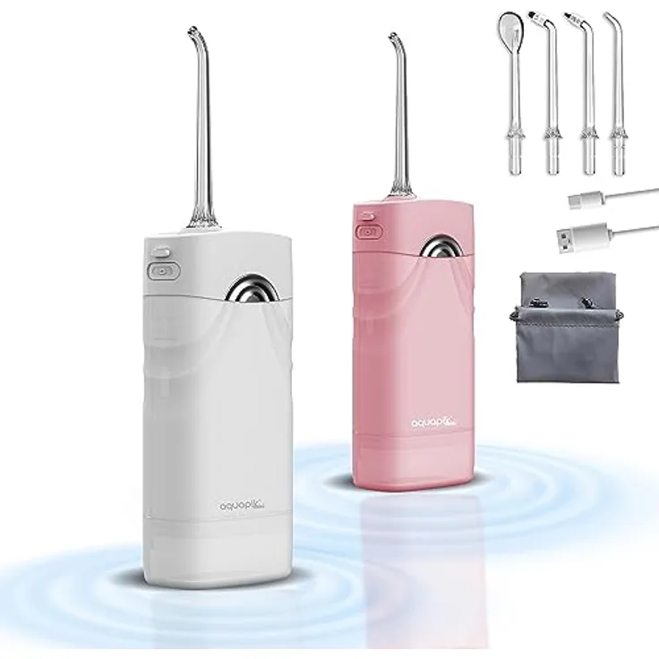 Aquapik Mini-Munddusche, tragbar, einziehbar, für Reisen und Büro, USB-Aufladung, 4 Düsen, 3 Leistungen, wasserdicht IPX8, für die ganze Familie (Weiß)