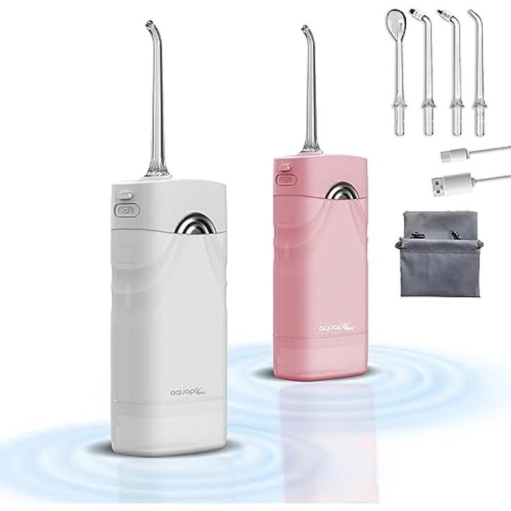 Aquapik Mini-Munddusche, tragbar, einziehbar, für Reisen und Büro, USB-Aufladung, 4 Düsen, 3 Leistungen, wasserdicht IPX8, für die ganze Familie (Weiß) – Bild 1