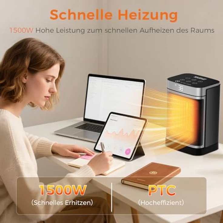 YASHE Heizlüfter 1500W, Energiesparende elektrische Heizung mit Fernbedienung, Thermostat, 70° Oszillation, 24-Std-Timer und Kindersicherung – Bild 2