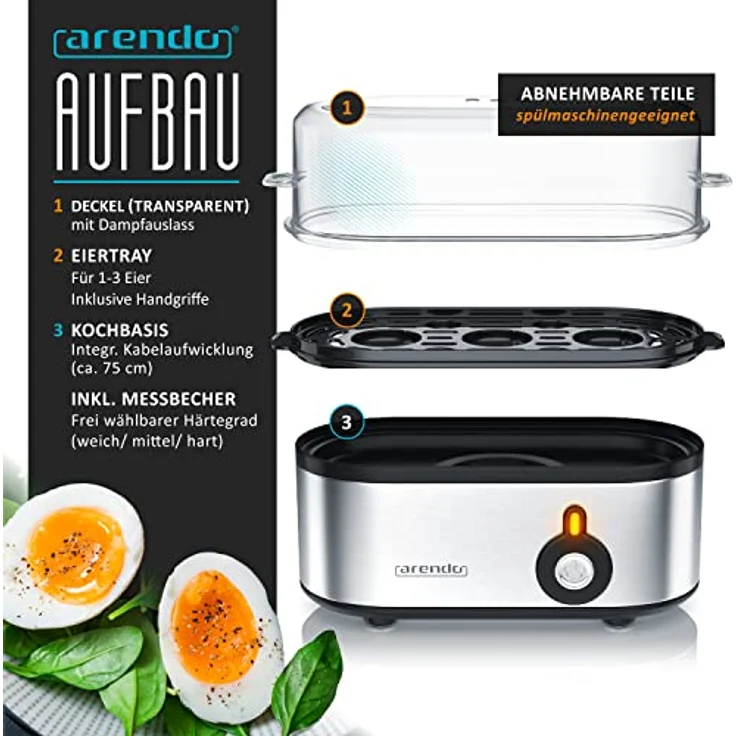 Arendo Threecook Edelstahl Eierkocher - Egg Cooker mit wählbarem Härtegrad - 210 W - 1-3 Eier - GS - BPA-frei - Schwarz/Silber – Bild 3