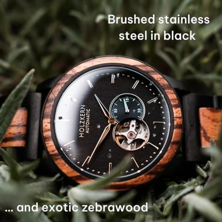 HOLZKERN Herrenuhr Automatik San Francisco, Zebrano/Ahorn, Edelstahl schwarz, Chronograph, kratzfest, Mineralglas – Bild 3