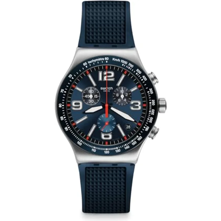 Swatch Herren Chronograph Quarz Uhr mit Gummi Armband YVS454, dunkelblau mit roten Details, Edelstahlgehäuse 43mm