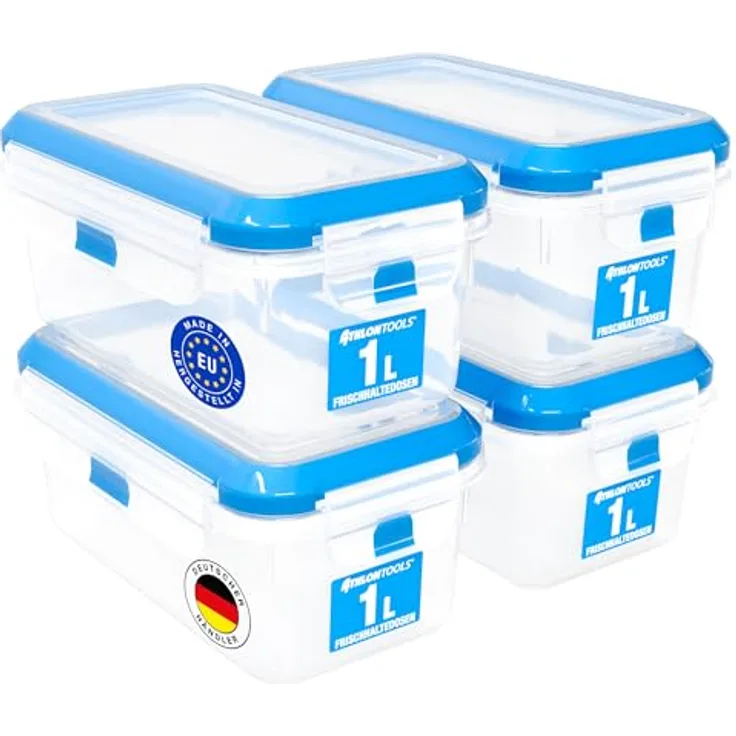 ATHLON TOOLS 4x 1L Frischhaltedosen-Set, luftdicht und auslaufsicher, gastro-Qualität, BPA-frei, stapelbar für Kühlschrank, -40 bis +100 Grad, 4er Set