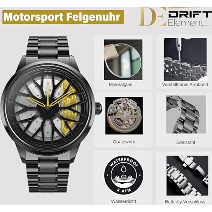 DriftElement Motorsport Felgenuhr Herren - Sportwagen Männer Armbanduhr im 3D Design der Sternspeichen M8 Felge aus Edelstahl - Custom Designer Uhr mit Mineralglas, glänzendes schwarzes Gehäuse, Japanisches Seiko Epson Y121 Quarzuhrwerk, 3 ATM Wasserdicht, Hochwertiges Edelstahl-Armband, Schmetterlingsverschluss, Mehrfarbig Zeiger – Bild 3