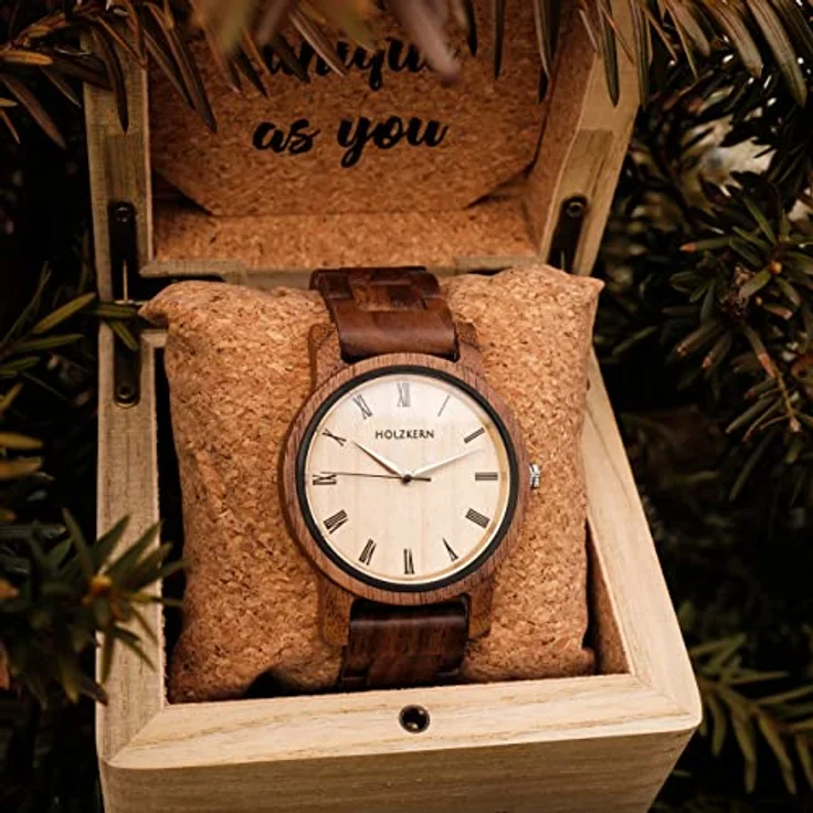 Holzkern Quarzuhr Herbstdämmerung, Unisex-Armbanduhr aus Walnuss/Ahorn mit japanischem Quarzwerk, polierten Zeigern und römischen Ziffern, spritzwassergeschützt – Bild 6
