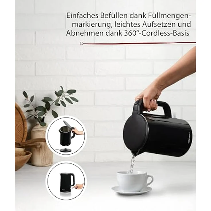 Cloer 4320 Wasserkocher 1,5 L, 1500 W, Edelstahlbehälter, automatische Abschaltung, Überhitzungsschutz, Kunststoffgehäuse schwarz – Bild 3