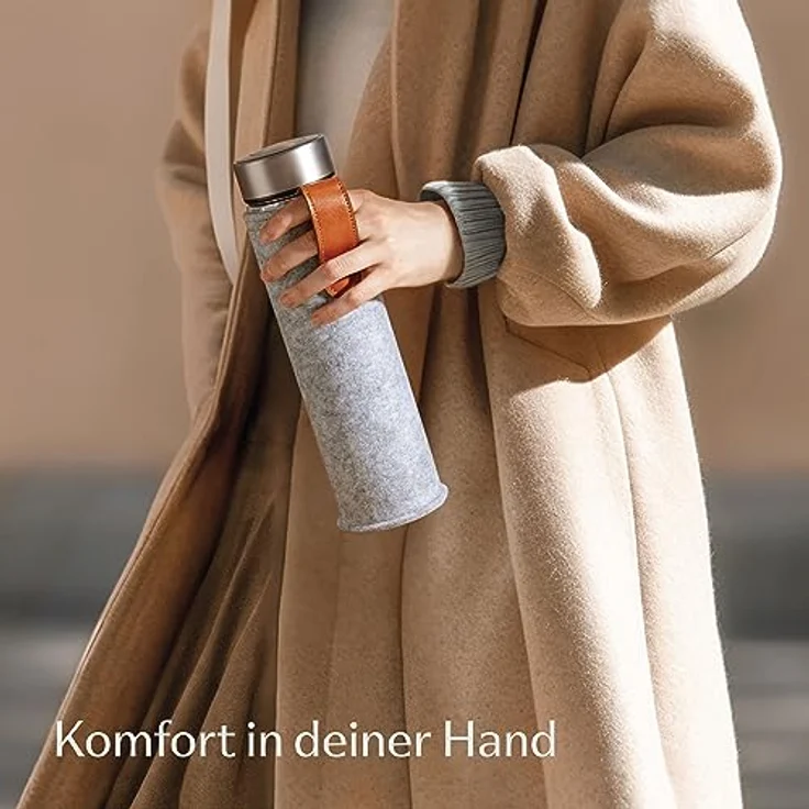 Teeflasche mit Sieb to Go 500ml - Doppelwandiges Glas mit Filztasche - Hitzebeständig - Auslaufsicher - Spülmaschinenfest - (Grau) – Bild 4