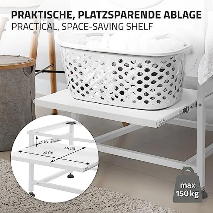 ML DESIGN modern living Waschmaschinen-Untergestell mit ausziehbarer Ablage, Weiß, 62,5x53,5x45 cm, aus Stahl, bis 150kg, höhenverstellbaren Füße – Bild 3