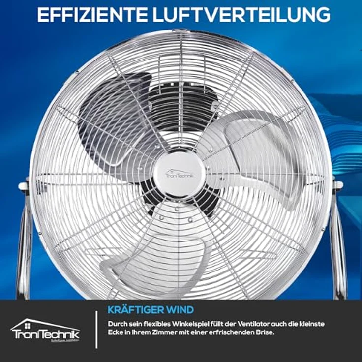 Tronitechnik® XL Windmaschine mit 45 cm Ø | Ventilator verstellbarer Winkel | Bodenventilator 3 Stufen | Ventilator leise aus Metall | Luftkühler | Standlüfter | Raumkühler – Bild 5
