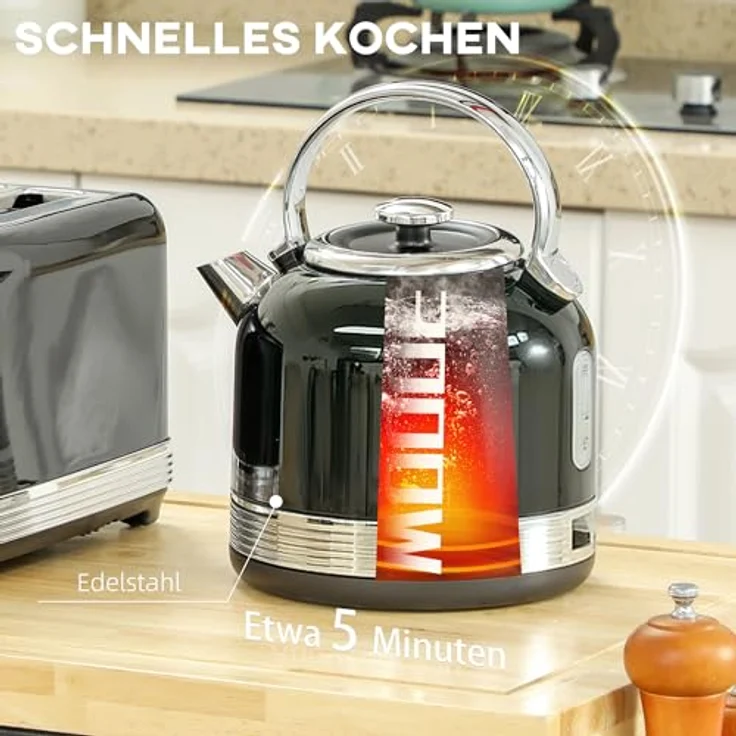 HOMCOM Toaster-Set mit Wasserkocher, 2200 W, 1.7 L, 7 Bräunungsstufen, Strix-Thermostat, Schwarz mit Edelstahlakzenten – Bild 3