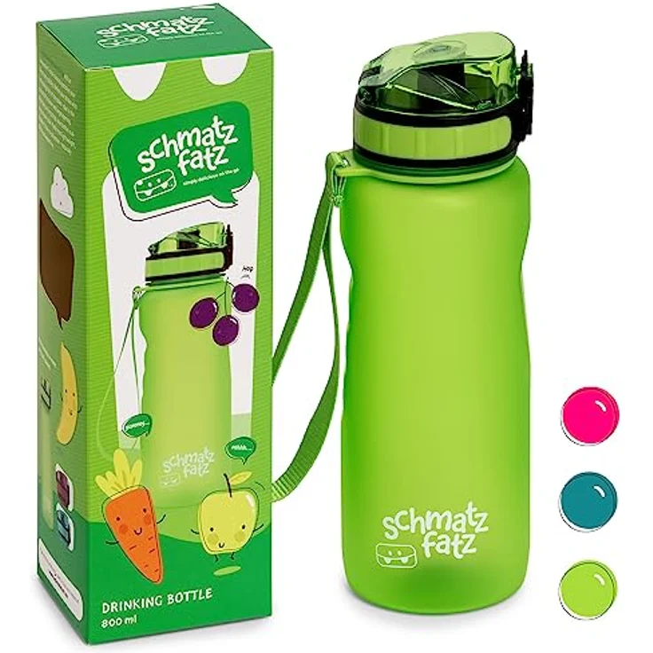 schmatzfatz Kinder Trinkflasche 800ml, Sport für Schule Kindergarten, 1-Klick Verschluss, Geschmacksneutrale Wasserflasche, Auslaufsicher mit Fruchteinsatz, BPA-Frei – Bild 1