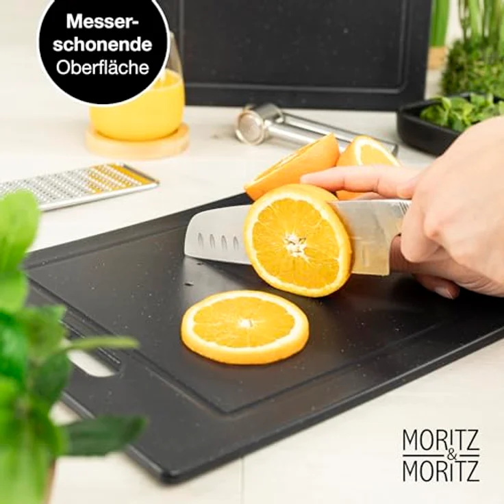 Moritz & Moritz Schneidebrett Kunststoff 36 x 27,5 cm Granitoptik BPA frei mit Antirutschfüßen, Saftrille & Eingriffsöffnung – Bild 4