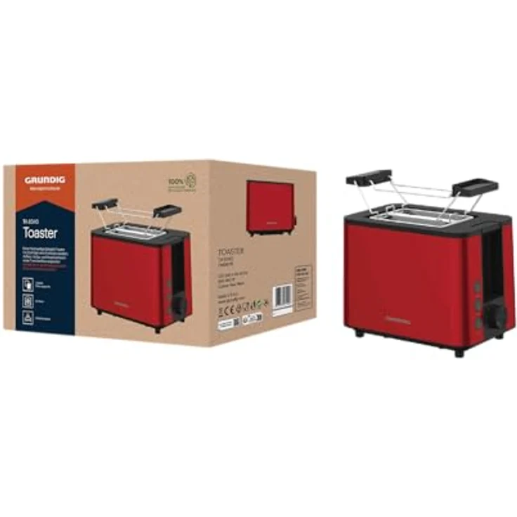 GRUNDIG TA 8340 Toaster, 950 Watt Leistung, Automatische Pop-Up-Funktion & Brotzentrierung, variable Bräunungsgradeinstellung, 2 Röstfächer, Rot – Bild 1