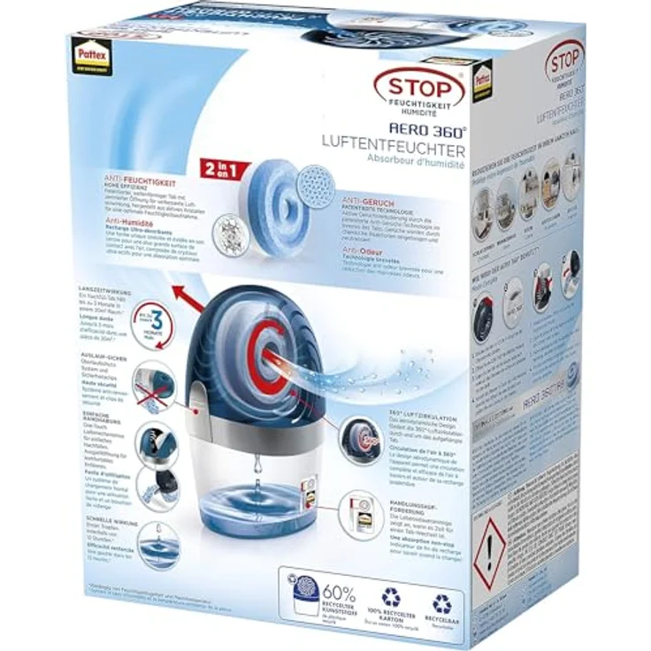 Pattex Stop Feuchtigkeit AERO 360° Luftentfeuchter, hocheffizienter Raumentfeuchter, nachfüllbarer Luftentfeuchter reduziert Feuchtigkeit, Gerüche & Schimmel, 1 Gerät inkl. 450g Tab – Bild 2