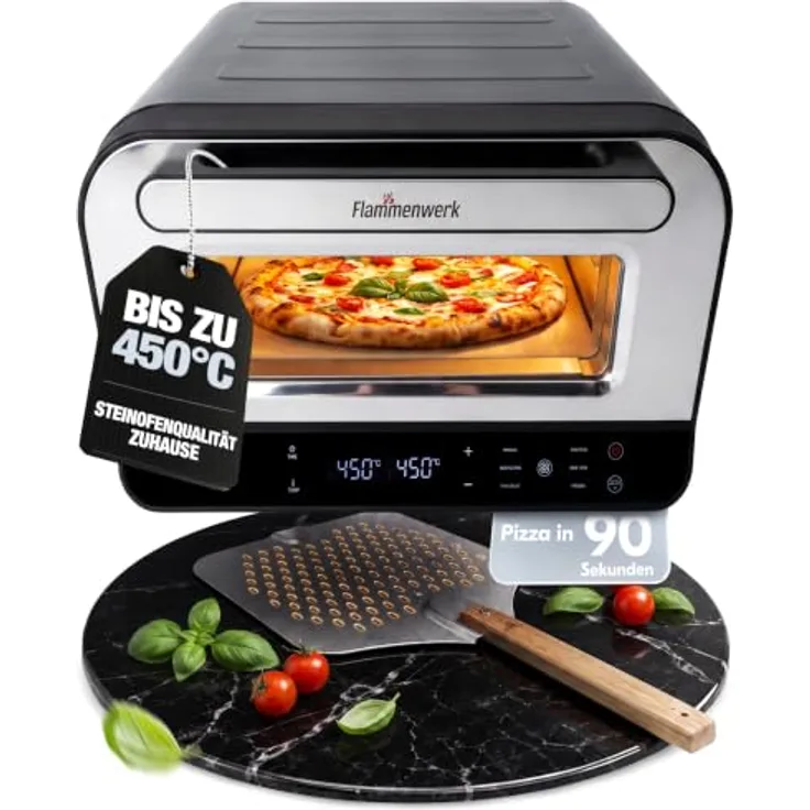 Flammenwerk Pizzaofen elektrisch, 1700 W mit Cordierit-Pizzastein und Pizzaschieber, Schwarz, bis 450 °C, mit Backprogrammen