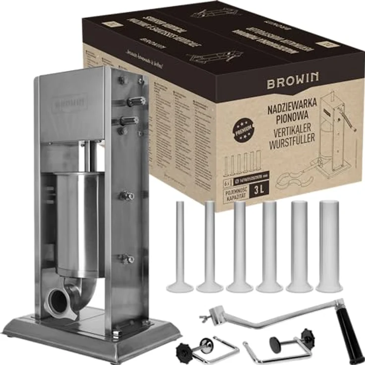 BROWIN® Manuell Wurstfüller aus Edelstahl 311036 | 3 Liter vertikale Wurstmaschine mit Tischklemme | Wurstfüllmaschine | Hausgemachte Wurstpresse | inkl. 6 Füllrohren, robustes Edelstahldesign – Bild 1
