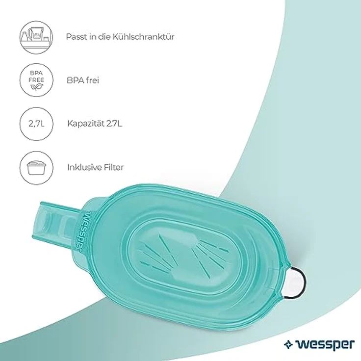 Wessper Wasserfilter kanne Für Kühlschranktür 2.7L, Wasserkaraffe mit einem aktivkohle wasserfilter Kompatibel mit Brita Maxtra Filterkartuschen, Minze – Bild 2
