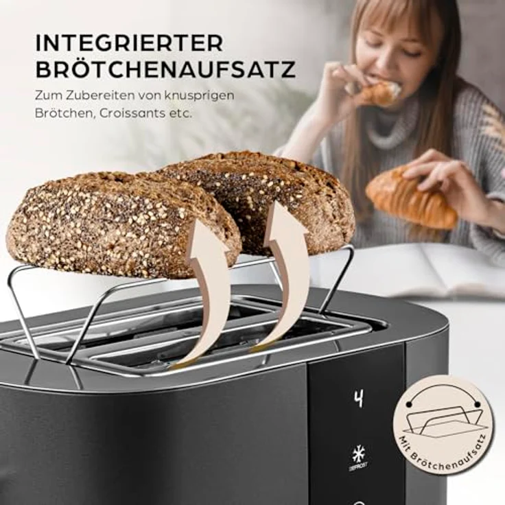 GOURMETmaxx Toaster Kurzschlitz für 2-Scheiben, Anthrazit, 6 Bräunungsgrade, Touchdisplay, Ready-2-eat-Countdown, Brötchenaufsatz – Bild 3