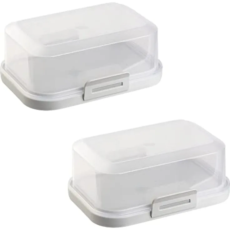 ENGELLAND - 2 x Stapelbare Butterdose mit Deckel und Klick-Verschluss, Grau/Transparent, Plastik-box, Butter-Glocke, BPA-frei, Mehrzweck, robust