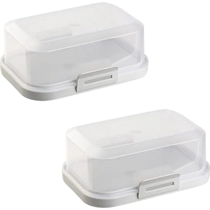 ENGELLAND - 2 x Stapelbare Butterdose mit Deckel und Klick-Verschluss, Grau/Transparent, Plastik-box, Butter-Glocke, BPA-frei, Mehrzweck, robust – Bild 1