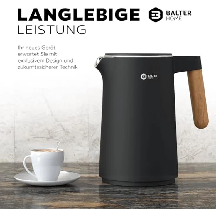 BALTER WK-08-BL Edelstahl-Wasserkocher, 2200W, 1,5L, doppelwandig, kabellos, Warmhaltefunktion, schwarz – Bild 9